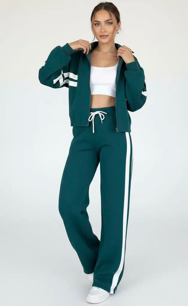 Full Size Contrast Stripe Zip Up Jacket and Pants Set Plus Size | Loungewear Sets Daverri Fashions