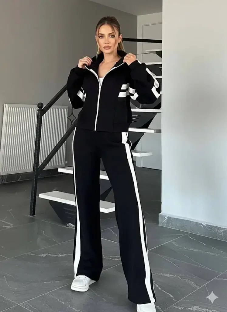 Full Size Contrast Stripe Zip Up Jacket and Pants Set Plus Size - DAVERRI FASHIONS