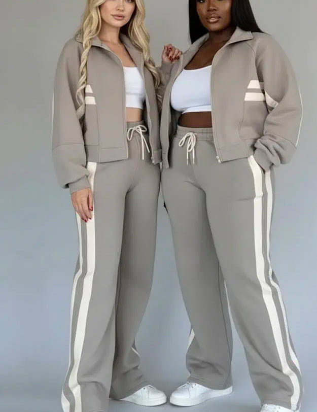 Full Size Contrast Stripe Zip Up Jacket and Pants Set Plus Size | Loungewear Sets Daverri Fashions