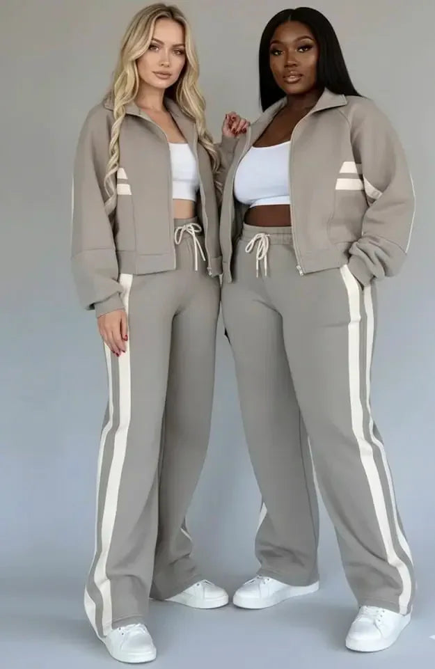 Full Size Contrast Stripe Zip Up Jacket and Pants Set Plus Size - DAVERRI FASHIONS