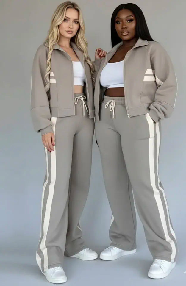 Full Size Contrast Stripe Zip Up Jacket and Pants Set Plus Size | Loungewear Sets Daverri Fashions