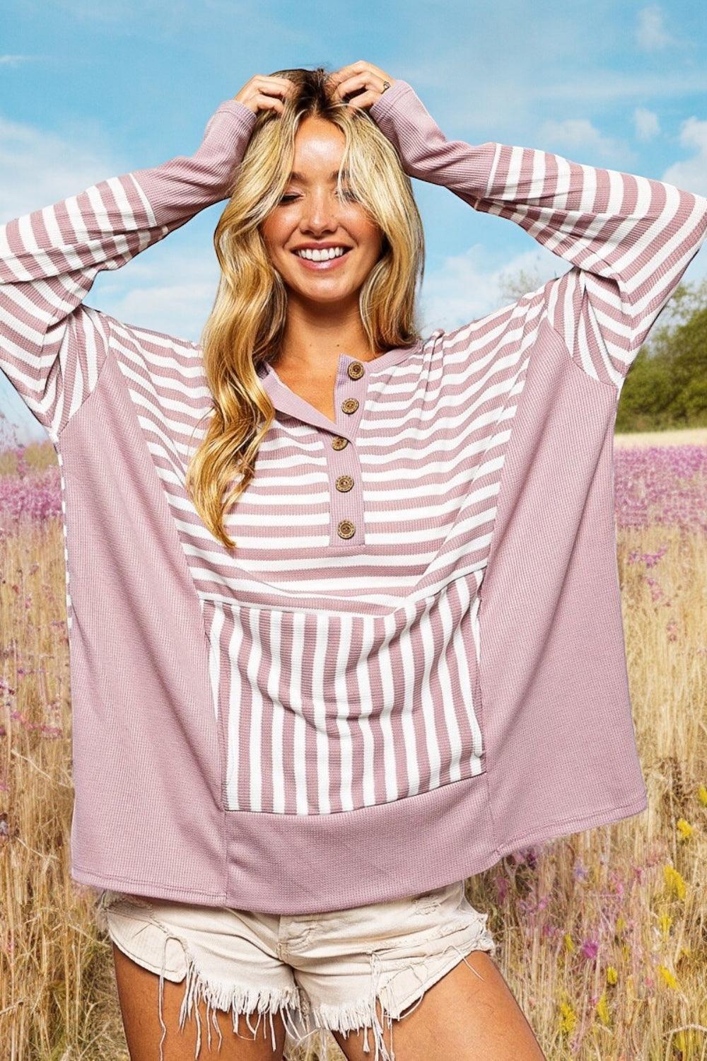 Mauve Striped Thumbhole Long Sleeve Top Shirts & Tops