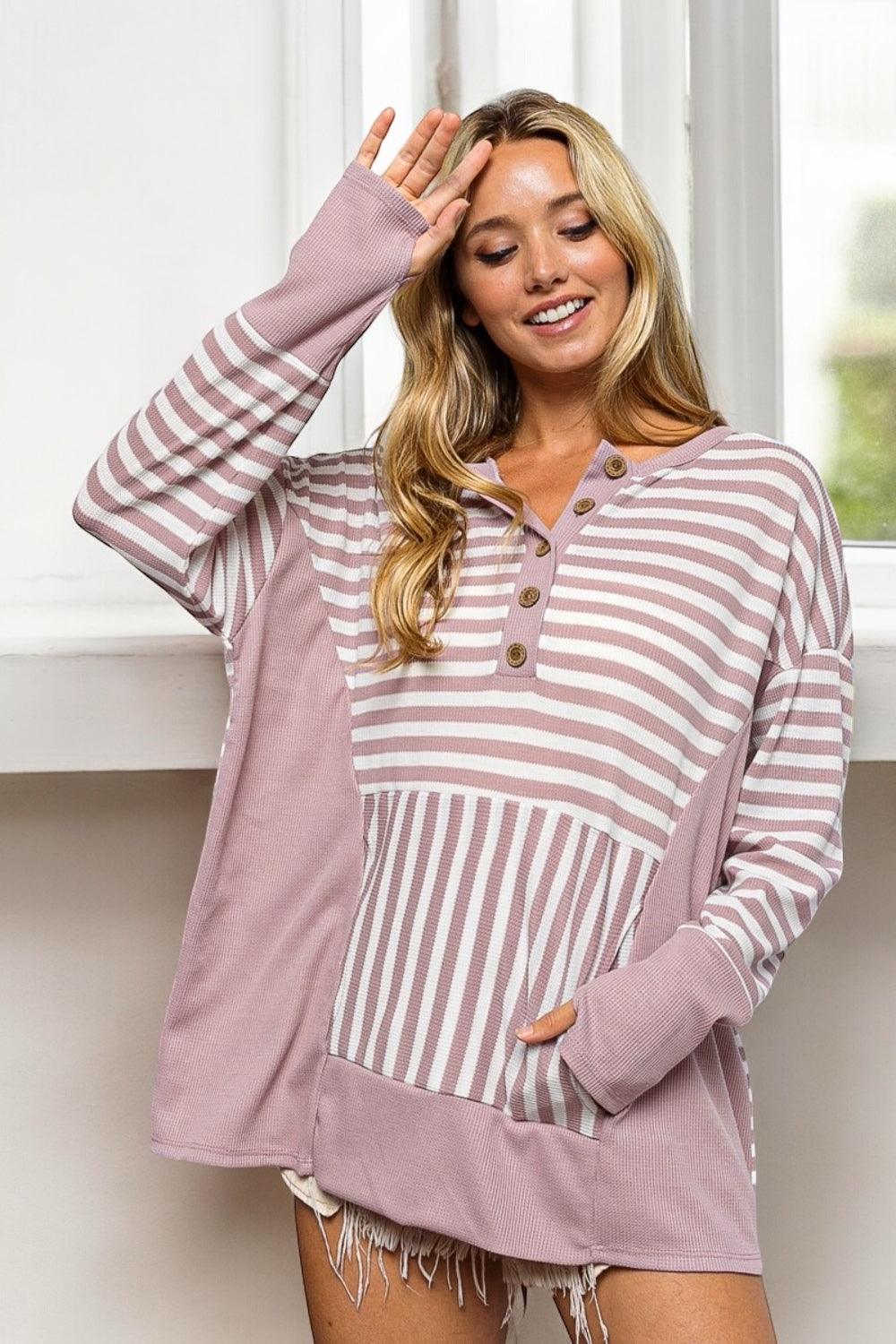 Mauve Striped Thumbhole Long Sleeve Top Shirts & Tops