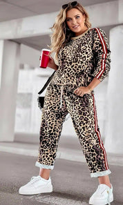 Plus Size Leopard Round Neck Top and Pants Set | Loungewear Sets Daverri Fashions