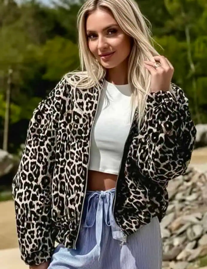 Leopard Print Oversized Bomber Jacket | Jackets Daverri Fashions