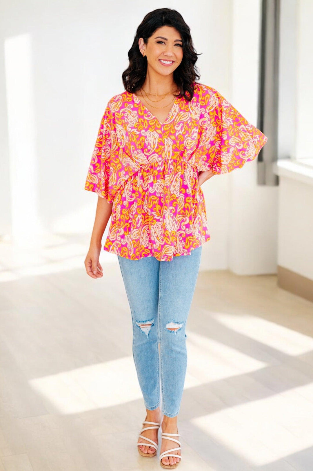 Pink Filigree Print Peplum Top Shirts & Tops