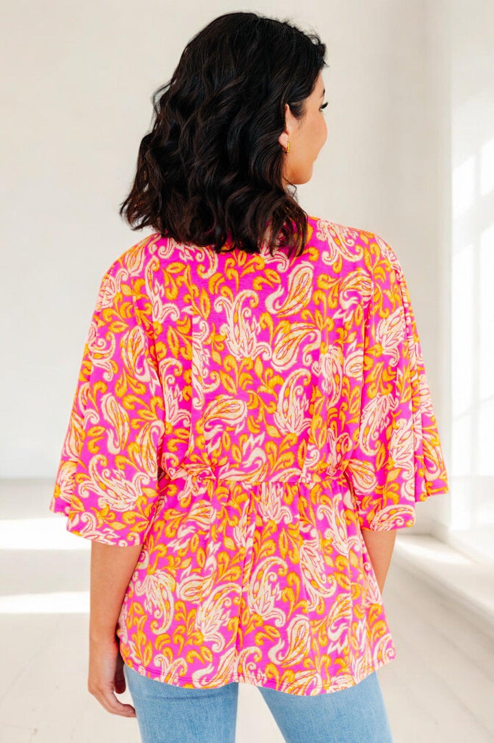 Pink Filigree Print Peplum Top Shirts & Tops