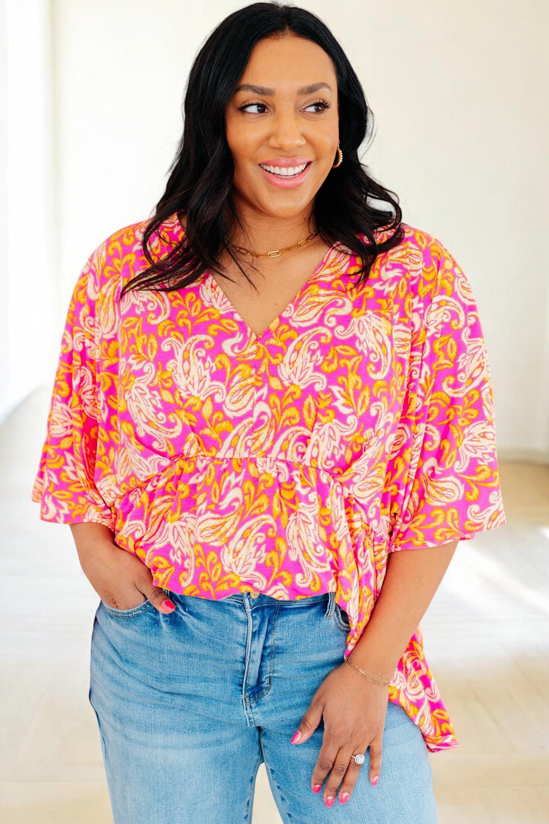 Pink Filigree Print Peplum Top Shirts & Tops