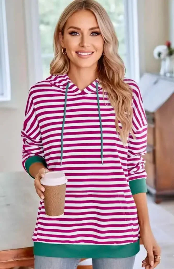 Lovelet Drawstring Striped Long Sleeve Hoodie - DAVERRI FASHIONS