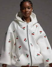 Cherry Print Oversized Zip-Up Hoodie | Hoodies Daverri Fashions