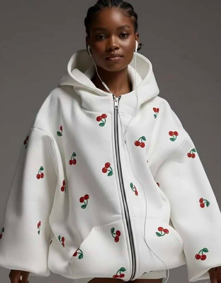 Cherry Print Oversized Zip-Up Hoodie | Hoodies Daverri Fashions