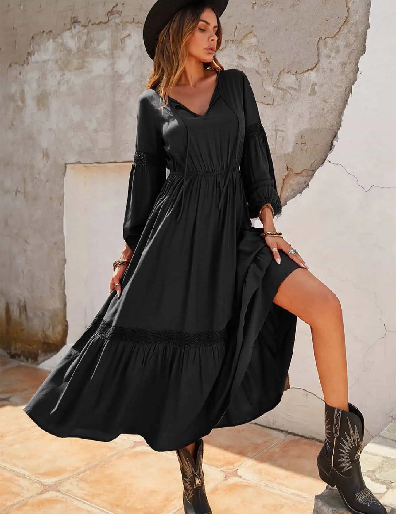 Tie Neck Balloon Sleeve Midi Dress | Midi Dresses Daverri Fashions