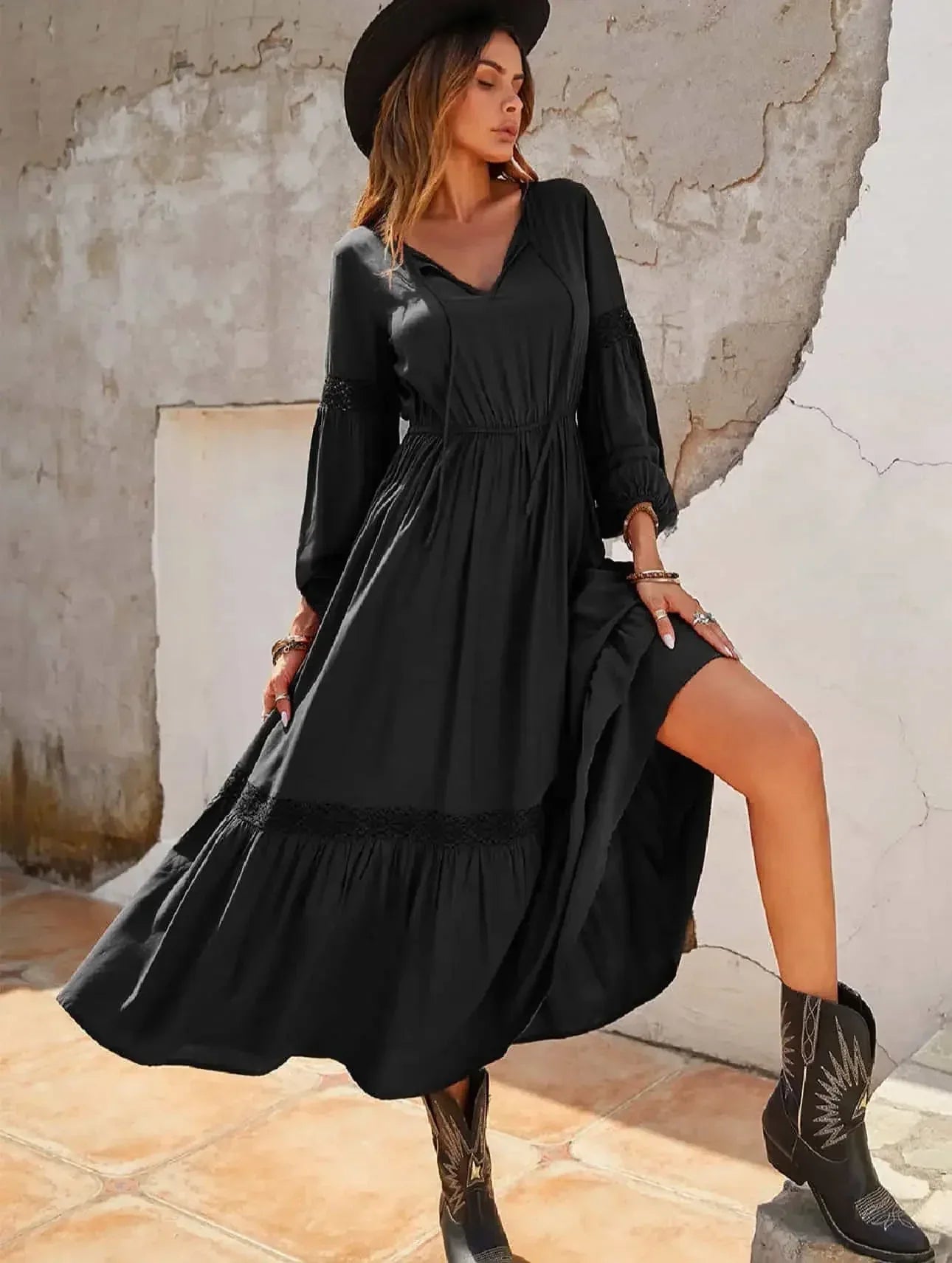 Tie Neck Balloon Sleeve Midi Dress - DAVERRI FASHIONS