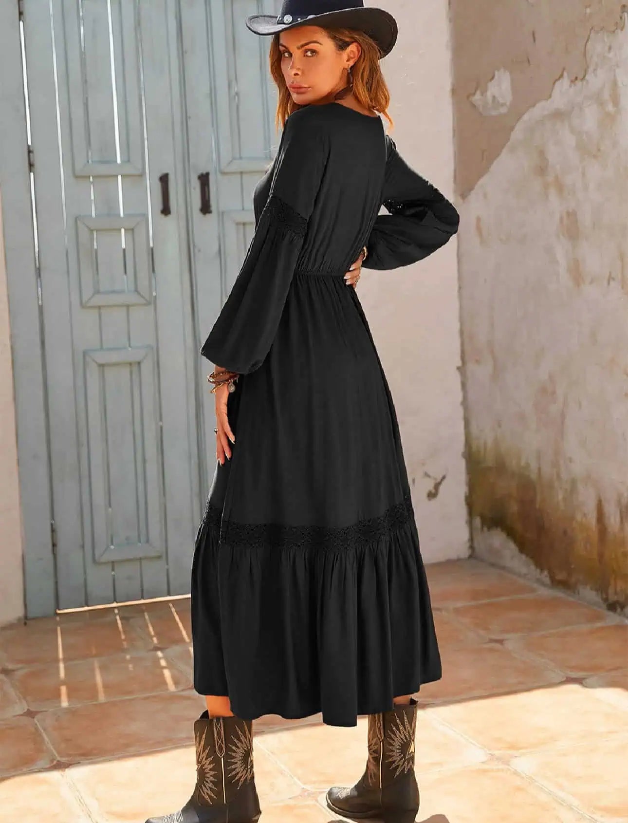 Tie Neck Balloon Sleeve Midi Dress | Midi Dresses Daverri Fashions