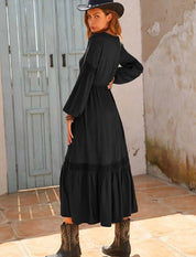 Tie Neck Balloon Sleeve Midi Dress | Midi Dresses Daverri Fashions