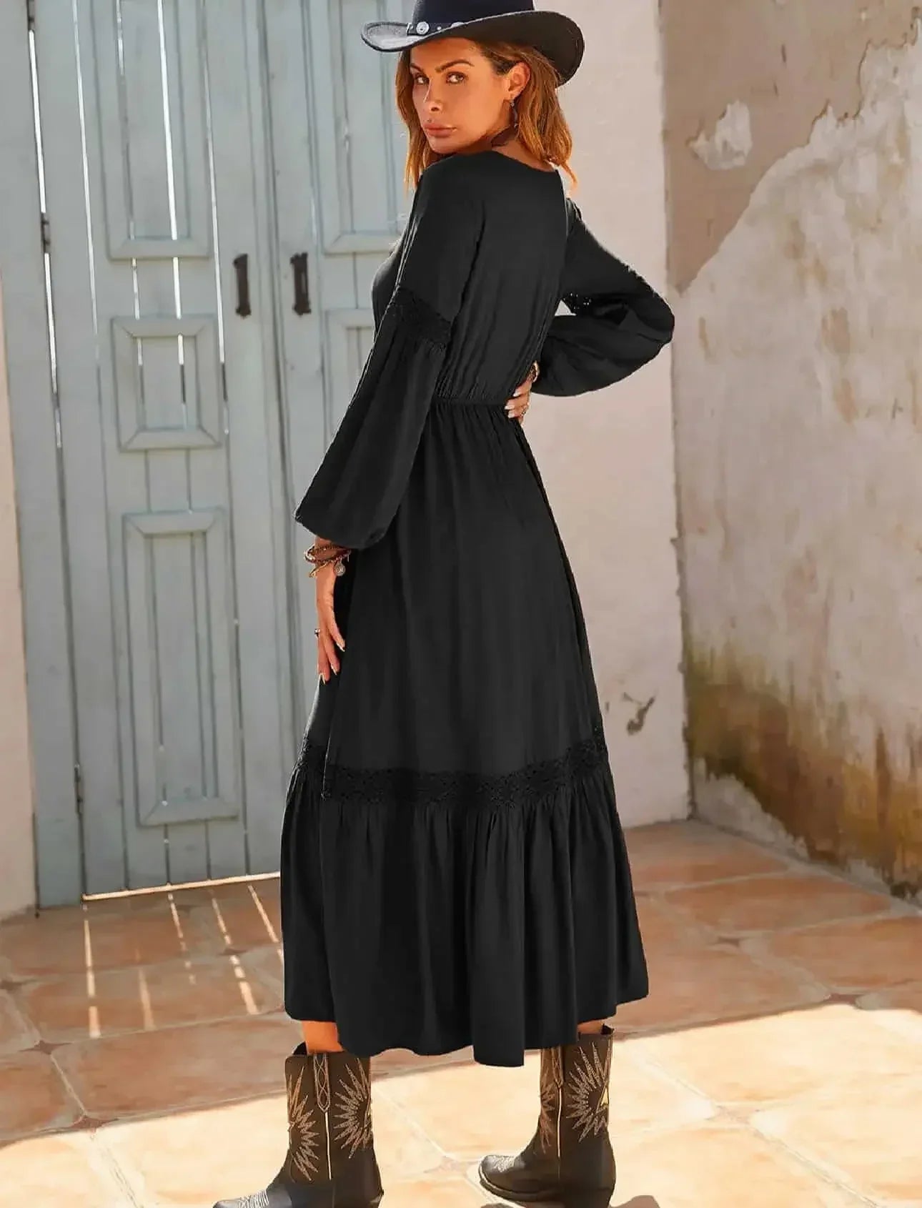 Tie Neck Balloon Sleeve Midi Dress - DAVERRI FASHIONS