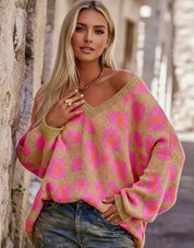 Leopard Oversized V-Neck Sweater | Sweaters Daverri Fashions