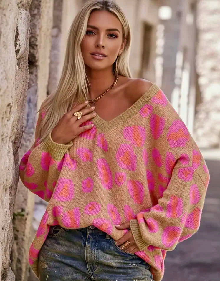 Leopard Oversized V-Neck Sweater | Sweaters Daverri Fashions