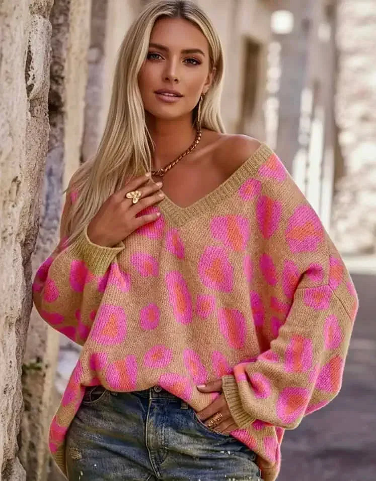 Leopard Oversized V-Neck Sweater - DAVERRI FASHIONS