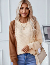 Two Tone Cable Knit Round Neck Long Sleeve Sweater | Sweaters Daverri Fashions