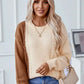 Two Tone Cable Knit Round Neck Long Sleeve Sweater - DAVERRI FASHIONS