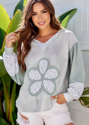 Light Gray Floral Patched Waffle Textured V Neck Casual Hooded Top | Tops Daverri Fashions