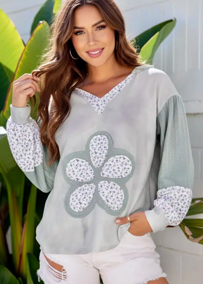Light Gray Floral Patched Waffle Textured V Neck Casual Hooded Top | Tops Daverri Fashions
