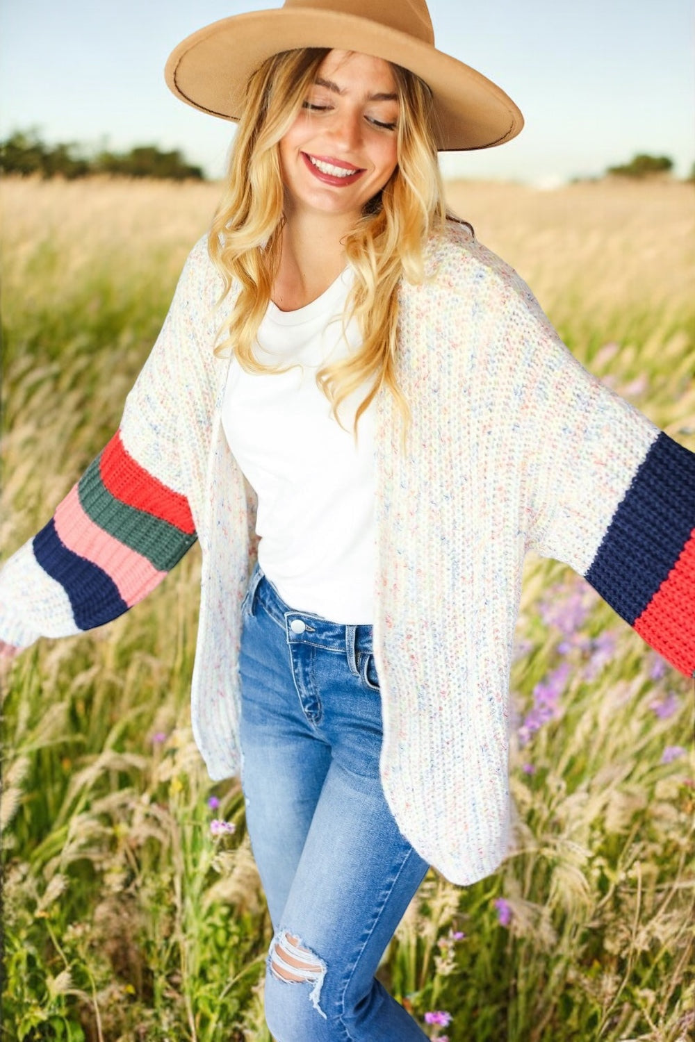 Open Front Color Block Oversized Cardigan Tops