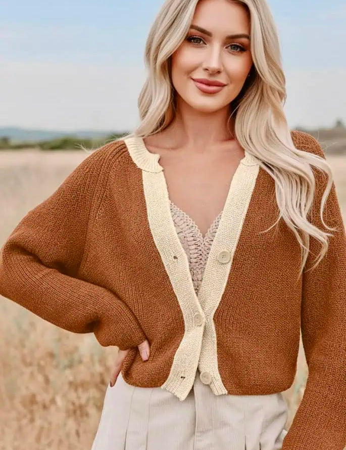 Contrast Knit V Neckline Cardigan | Cardigans Daverri Fashions