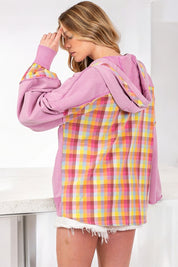 Mineral Washed Plaid Print Hoodie Tops