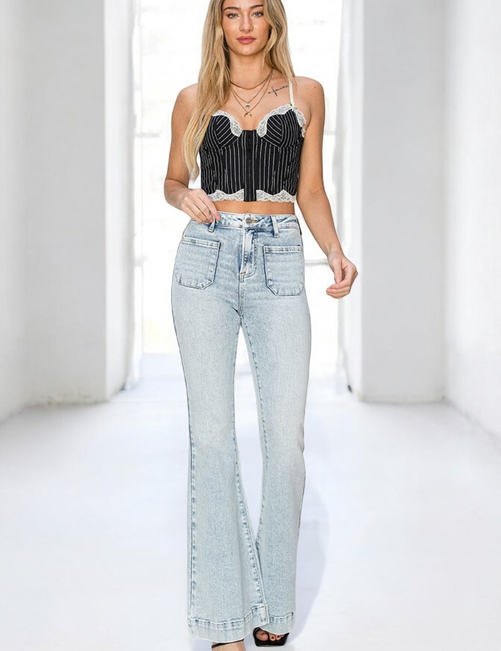 High Rise Front Patch Pocket Flare Jeans Bottoms