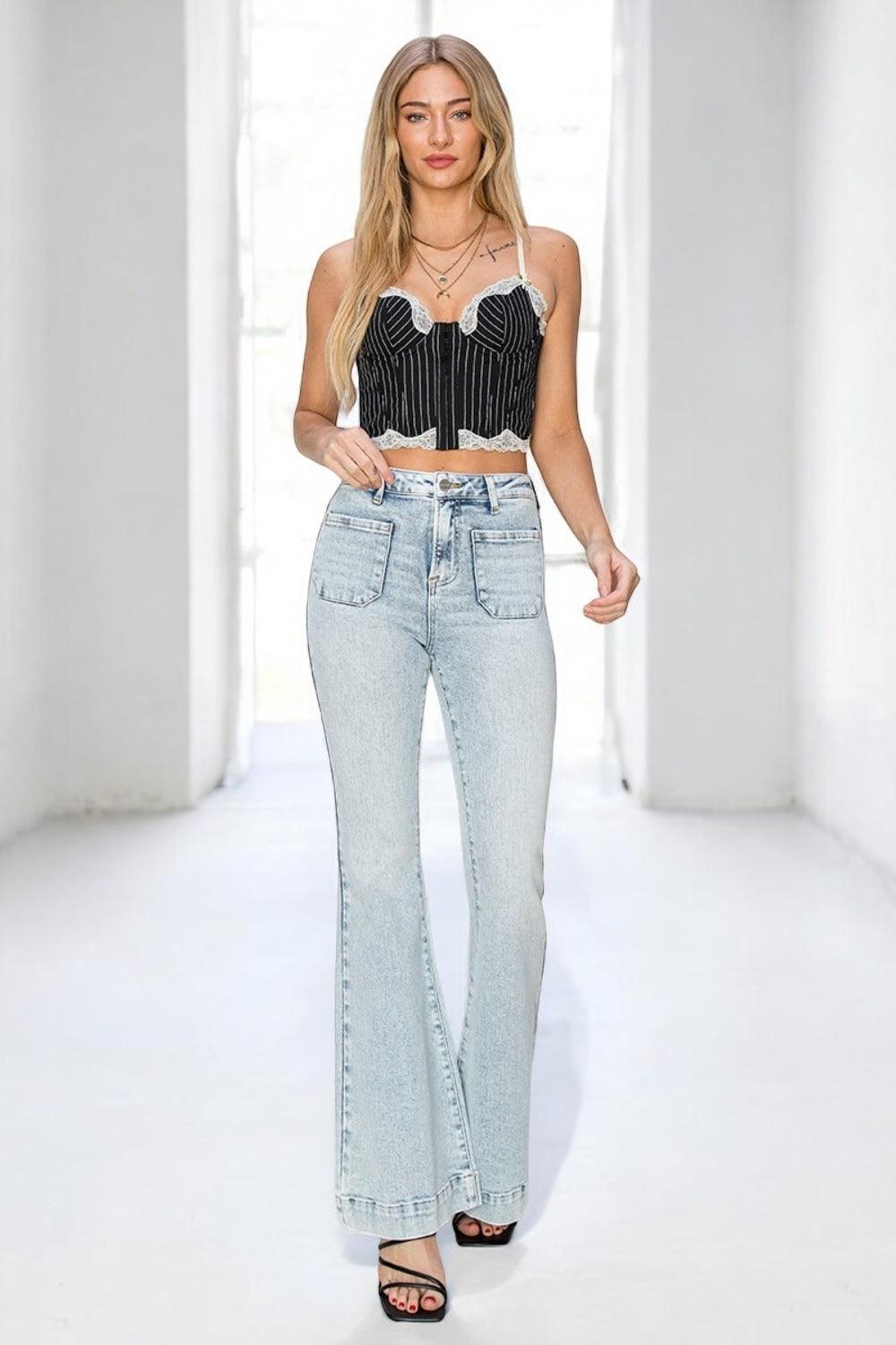 High Rise Front Patch Pocket Flare Jeans Jeans