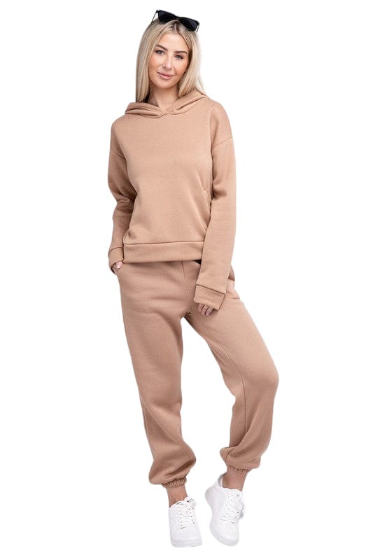 Women's Drop Shoulder Hoodie and Sweatpants Set Camel Pants Sets