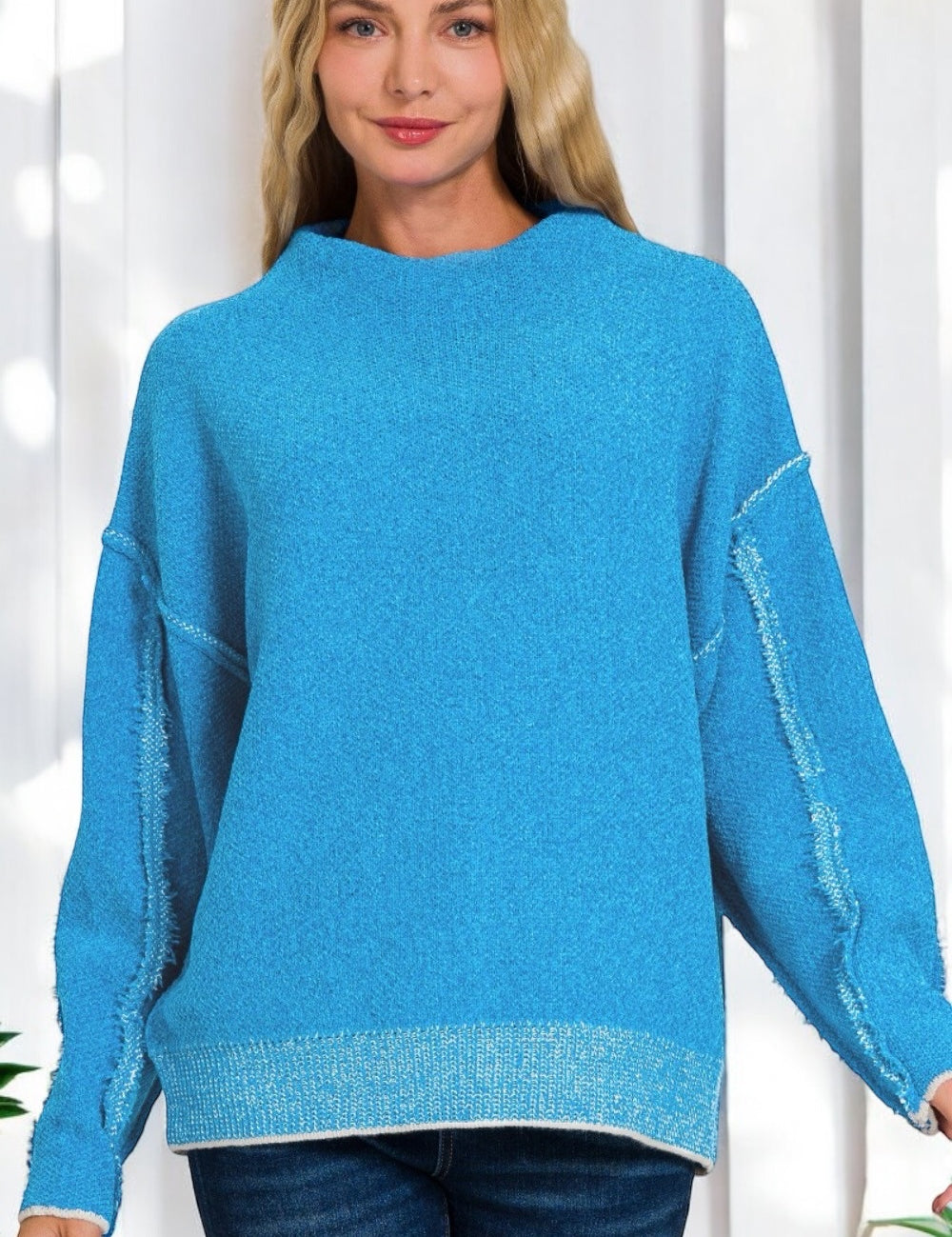 Exposed Seam Mock Neck Long Sleeve Sweater Tops