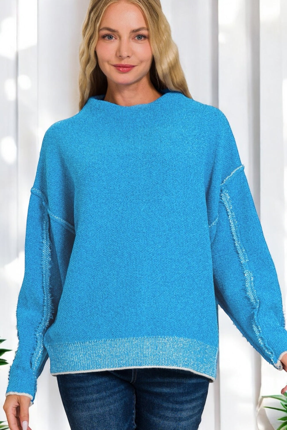 Exposed Seam Mock Neck Long Sleeve Sweater Sweaters