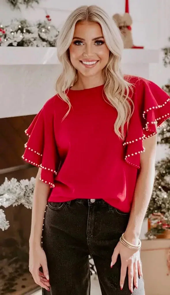Ruffle Sleeve Pearl Embellished Knit Top - DAVERRI FASHIONS