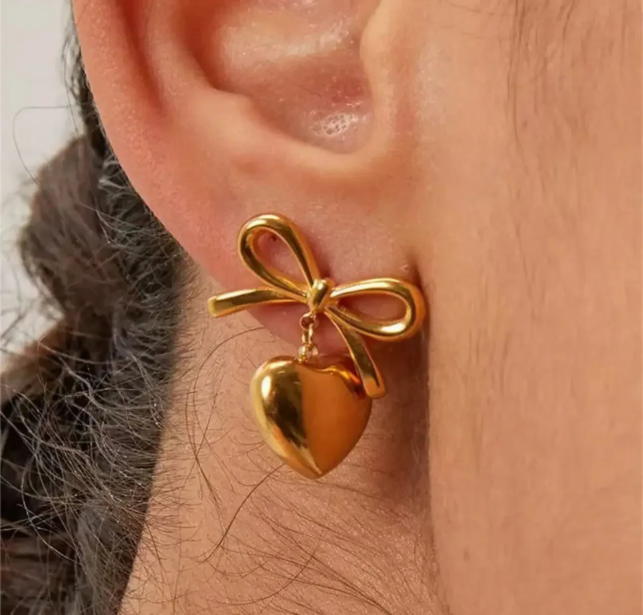 Stainless Steel Bow & Heart Drop Earrings - DAVERRI FASHIONS