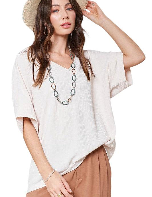 La Miel Short Sleeve V Neck Oversized Top Tops