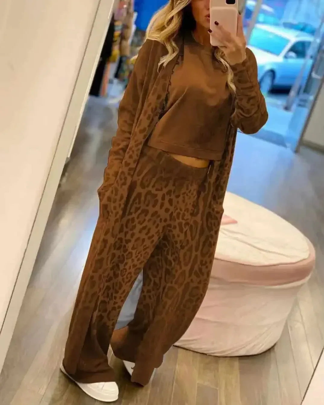 Daverri Fashions Long Sleeve Leopard Print Longline Top and Pants Set - DAVERRI FASHIONS