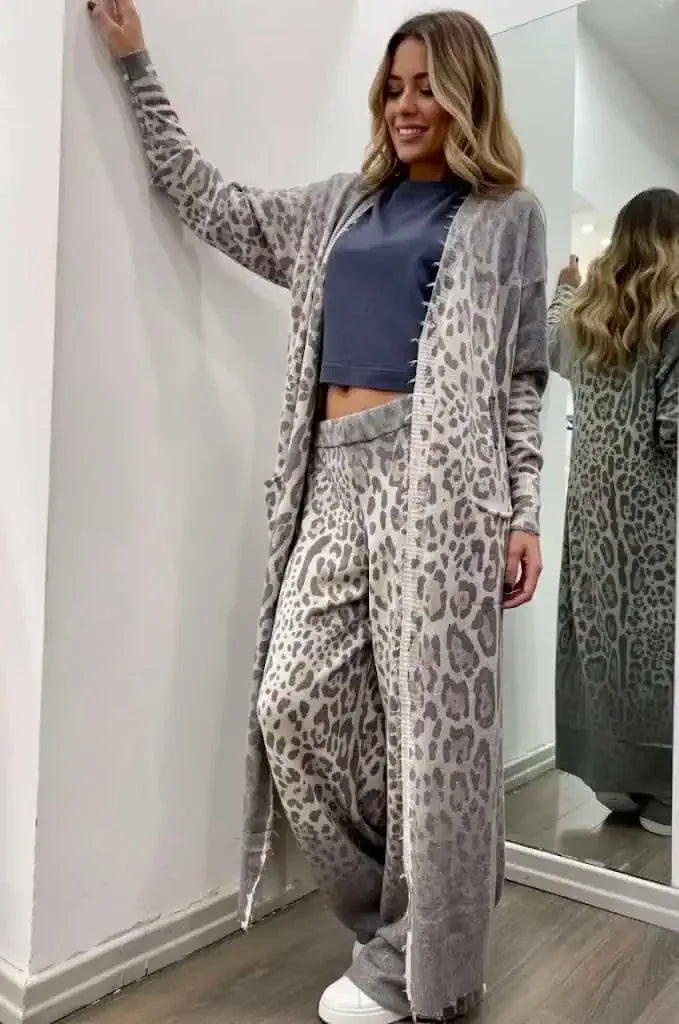 Daverri Fashions Long Sleeve Leopard Print Longline Top and Pants Set - DAVERRI FASHIONS