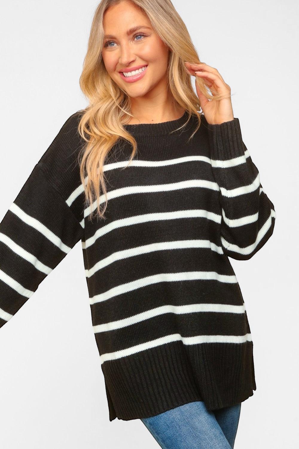 Haptics Full Size Striped Contrast Side Slit Sweater Tops