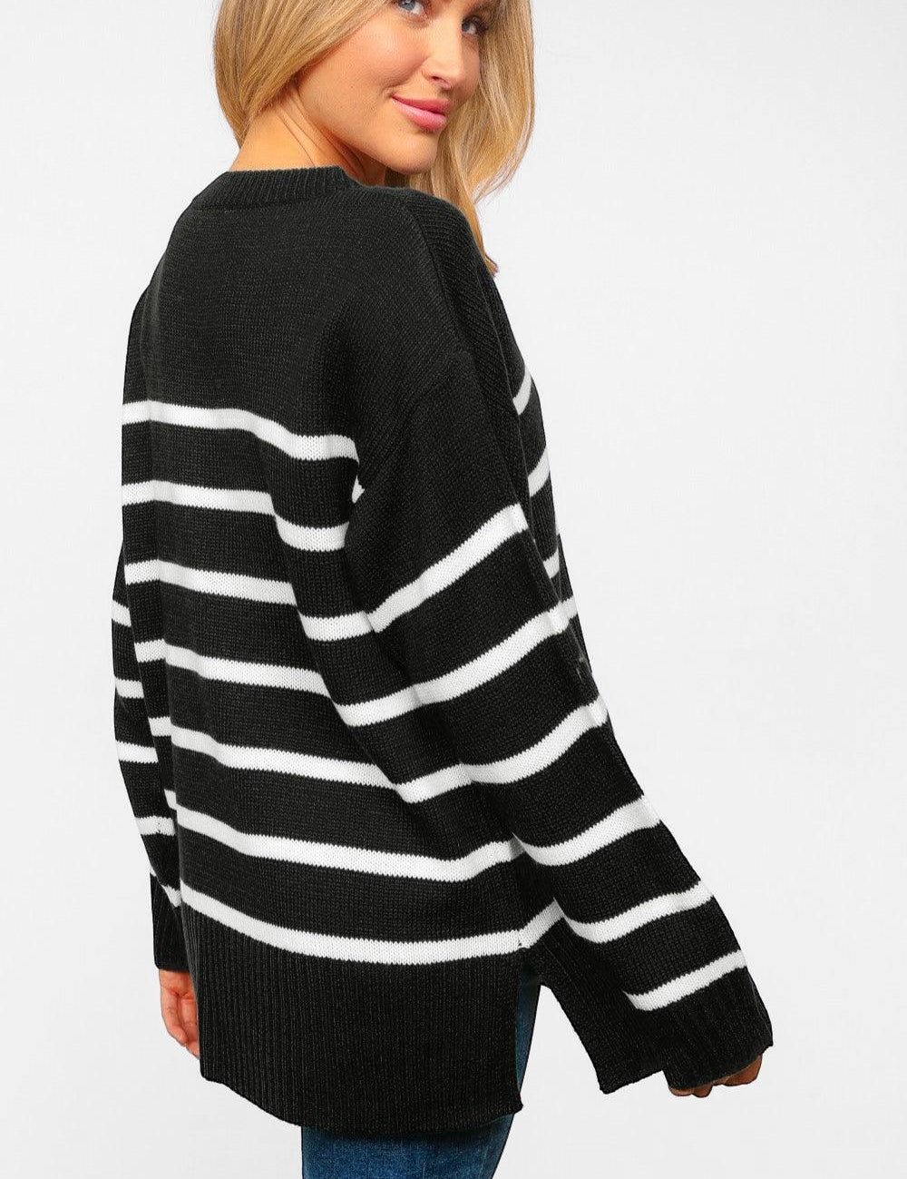 Haptics Full Size Striped Contrast Side Slit Sweater Tops