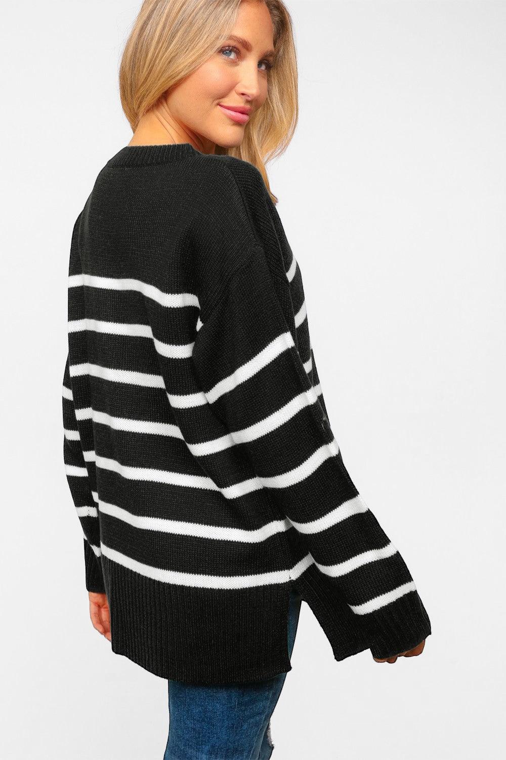 Haptics Full Size Striped Contrast Side Slit Sweater Tops