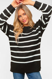 Haptics Full Size Striped Contrast Side Slit Sweater Tops