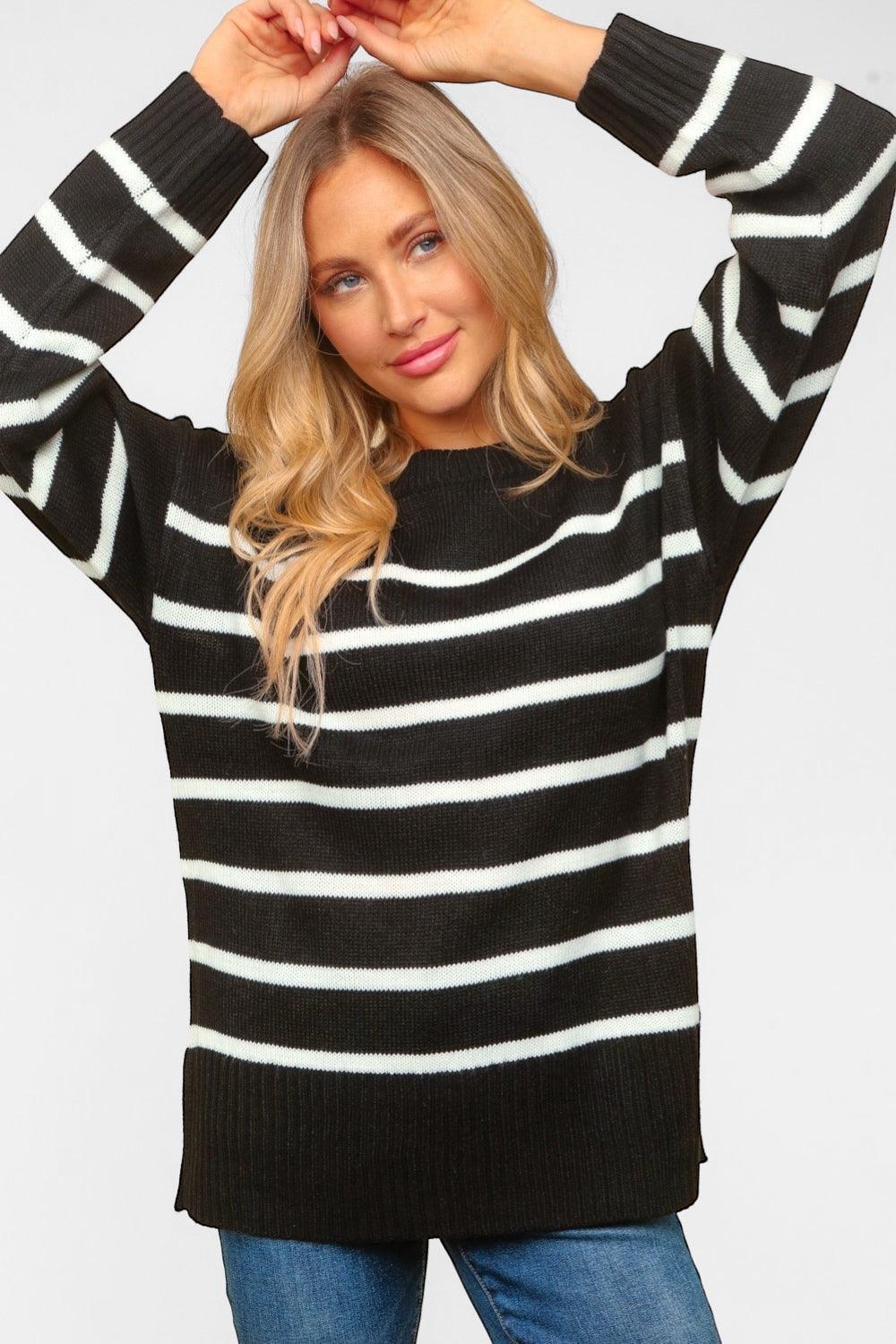Haptics Full Size Striped Contrast Side Slit Sweater Sweaters