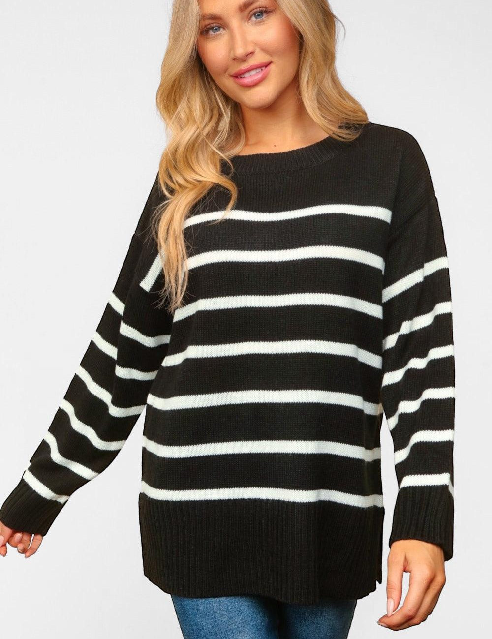 Haptics Full Size Striped Contrast Side Slit Sweater Tops