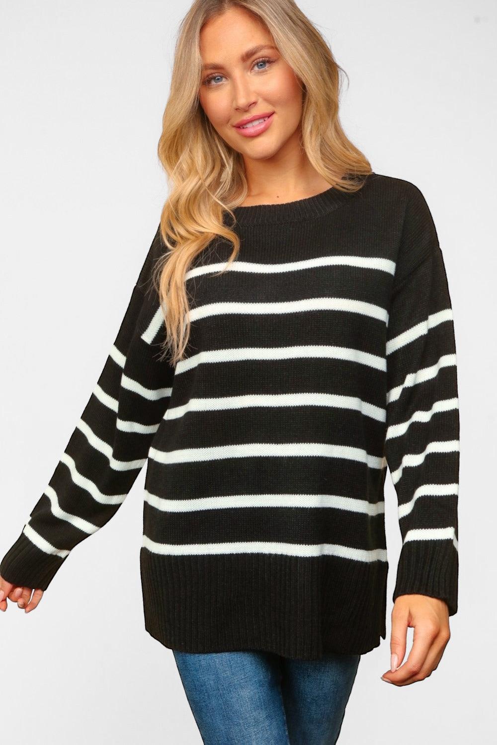 Haptics Full Size Striped Contrast Side Slit Sweater Tops