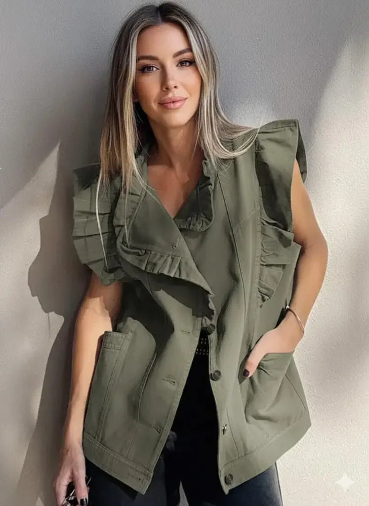 Ruffled Patchwork Denim Jacket Vest - DAVERRI FASHIONS