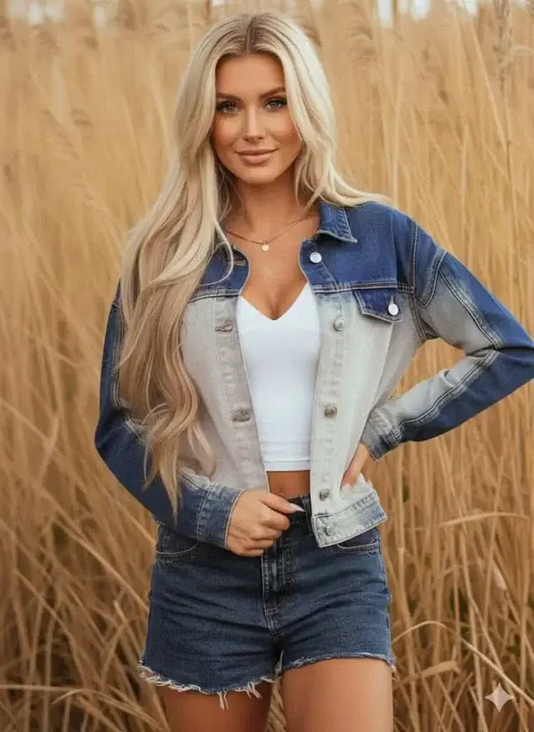 Color Block Patchwork Raw Hem Denim Jacket - DAVERRI FASHIONS