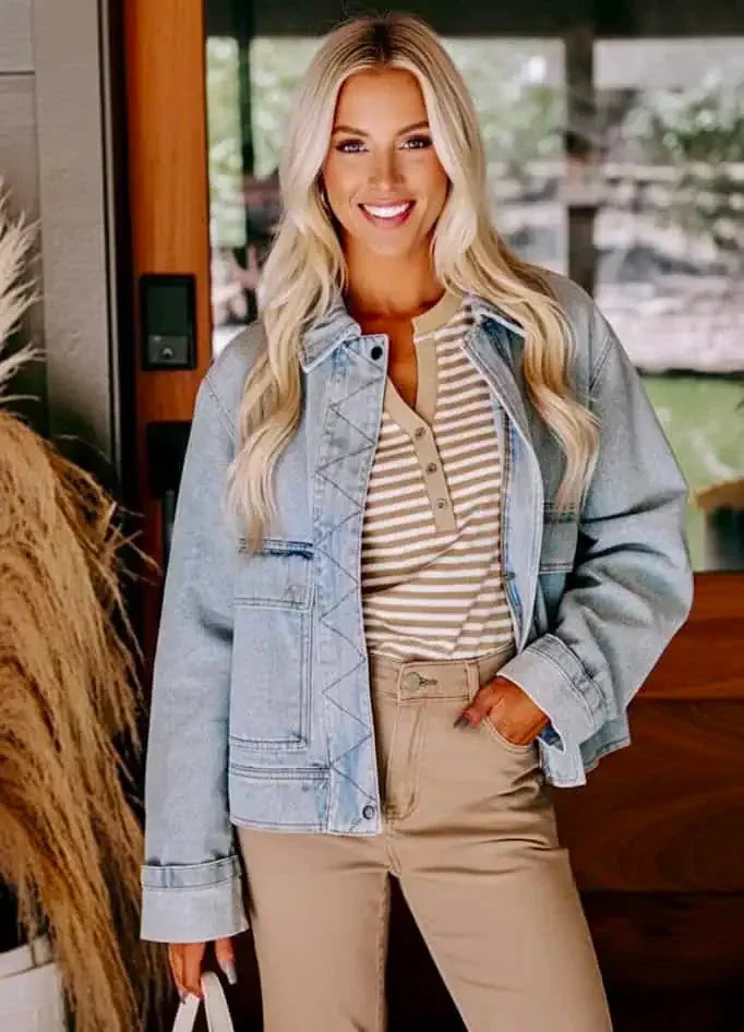 Zip Up Drop Shoulder Denim Jacket - DAVERRI FASHIONS